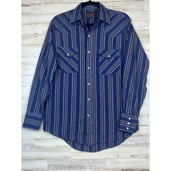 PLAINS Western Wear Mens Shirt Blue Striped Pockets Pearl Snap Long Sleeve Sz Sm - Picture 1 of 7